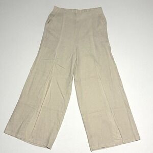 KG Womens Pants Med Wide Leg Split‎ Front Pants Beige Linen Blend Elastic Waist